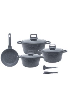 PROCILA 9-Piece Aluminum Cookware Set Black; Casserole Sizes 20,24,28CM; Frypan Size 26CM; Tempered Glass Lid With Silicone Ring, Non-Stick & Granite Coating, Induction Bottom For Even Heating  - Image 1