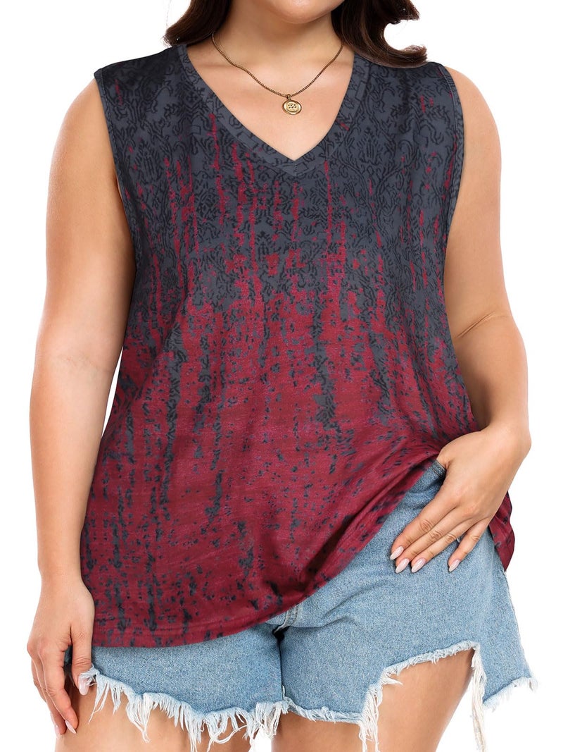 JOELLYUS Summer Sleeveless Tops Plus Size Tanks for Women V Neck Tees Flowy Printing T Shirts(Black Red Tie Dye,3XL) - Image 1