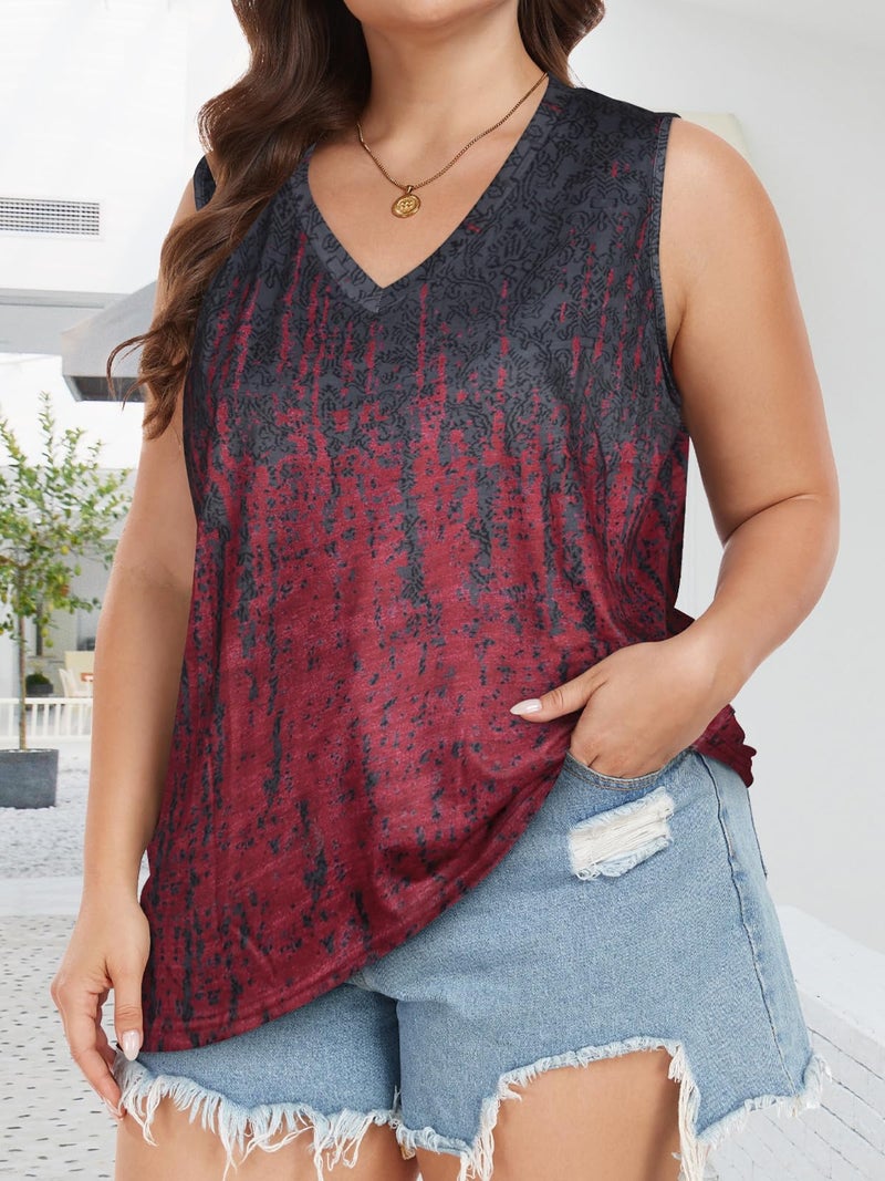 JOELLYUS Summer Sleeveless Tops Plus Size Tanks for Women V Neck Tees Flowy Printing T Shirts(Black Red Tie Dye,3XL) - Image 3