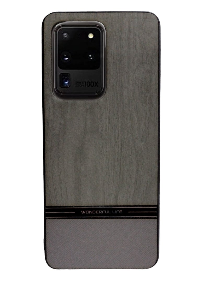 Generic Elmo3ezz Shockproof Wood Grain Skin PU and TPU Shockproof Luxury Phone Case for Samsung Galaxy S20 Ultra (Grey) 