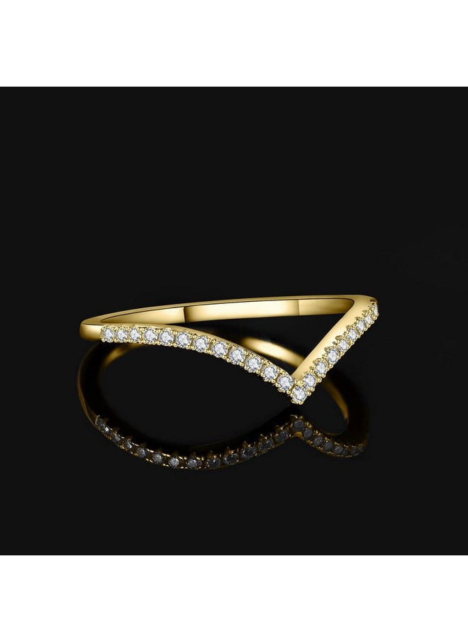 JewelryPalace - V Shape Round Cut Cubic Zirconia Wedding Band For Women, 14K Yellow Gold 925 Sterling Silver Promise Ring For Her, Simulated Diamond Anniversary Stackable Rings 8 - Image 1