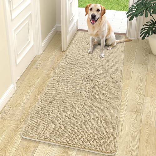 OLANLY Dog Door Mat for Muddy Paws 70x24 Absorbs Moisture and Dirt Absorbent NonSlip Washable Doormat Quick Dry Chenille Mud Mat for Dogs Entry Indoor Entryway Carpet for Inside Floor Beige