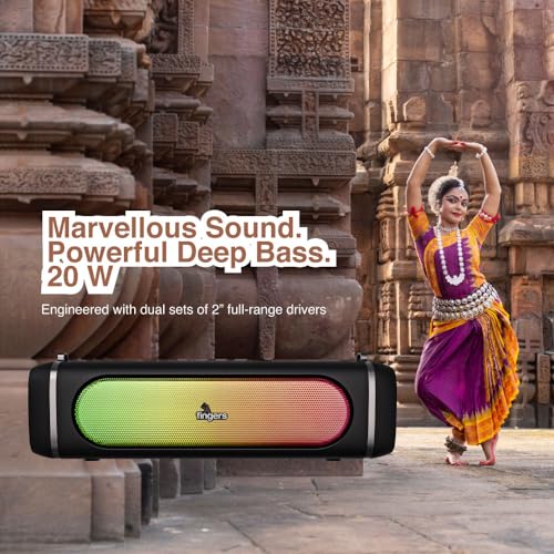 FINGERS SoundPower-20 Bluetooth Portable Speaker with Powerful 20 W Deep Bass, Mesmerizing RGB Lights, 9-Hour Playtime, Free Carry Strap, Built-in Mic (Black) - Image 3