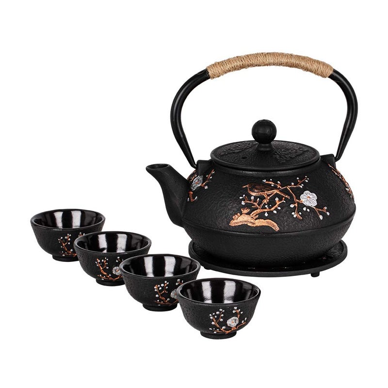 Cast Iron Teapot with Tea Cups Trivet Japanese Style Tetsubin Tea Kettle with Infuser Iron Tea Set Gift for Adult Father Mother Family BlackMagpie on the Plum Design