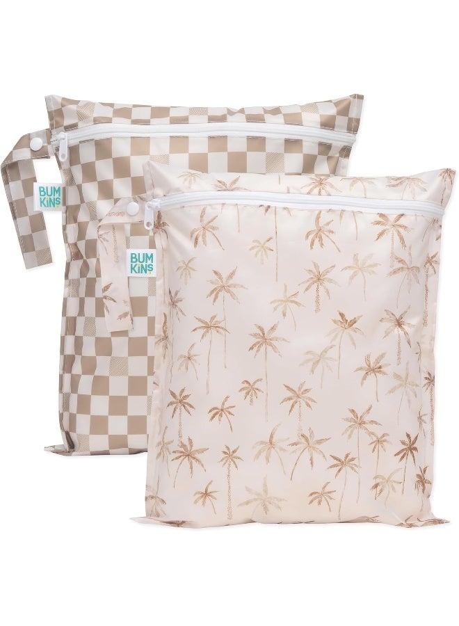 Bumkins Waterproof Wet Bag for Baby, Travel, Swim Suit, Cloth Diapers, Pump Parts, Pool, Gym, Toiletry, Strap to Stroller, Daycare, Zip Reusable Bag, Wetdry Packing Pouch, 2-pk Palm Trees, Sand Check - Image 1