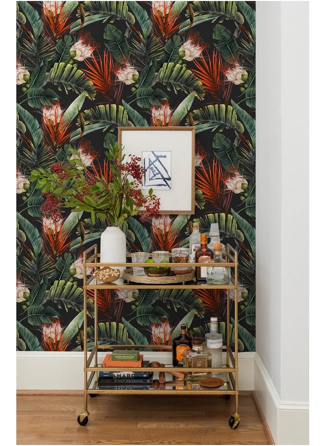 HAOKHOME Wallpaper 14.5Sqft Vinyl Jungle Floral Black/Green/Red Peel And Stick Tropical Botanical Wall Mural For Living Room Bathroom Kitchen Diy Home Decor  - Image 4