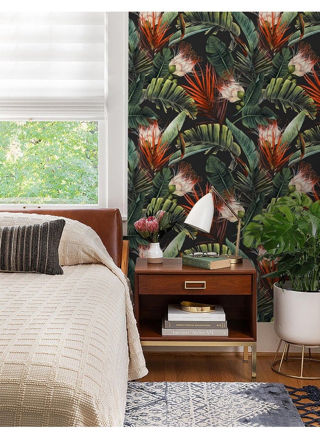 HAOKHOME Wallpaper 14.5Sqft Vinyl Jungle Floral Black/Green/Red Peel And Stick Tropical Botanical Wall Mural For Living Room Bathroom Kitchen Diy Home Decor  - Image 2