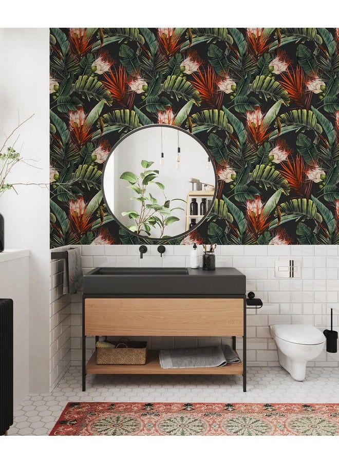 HAOKHOME Wallpaper 14.5Sqft Vinyl Jungle Floral Black/Green/Red Peel And Stick Tropical Botanical Wall Mural For Living Room Bathroom Kitchen Diy Home Decor  - Image 3