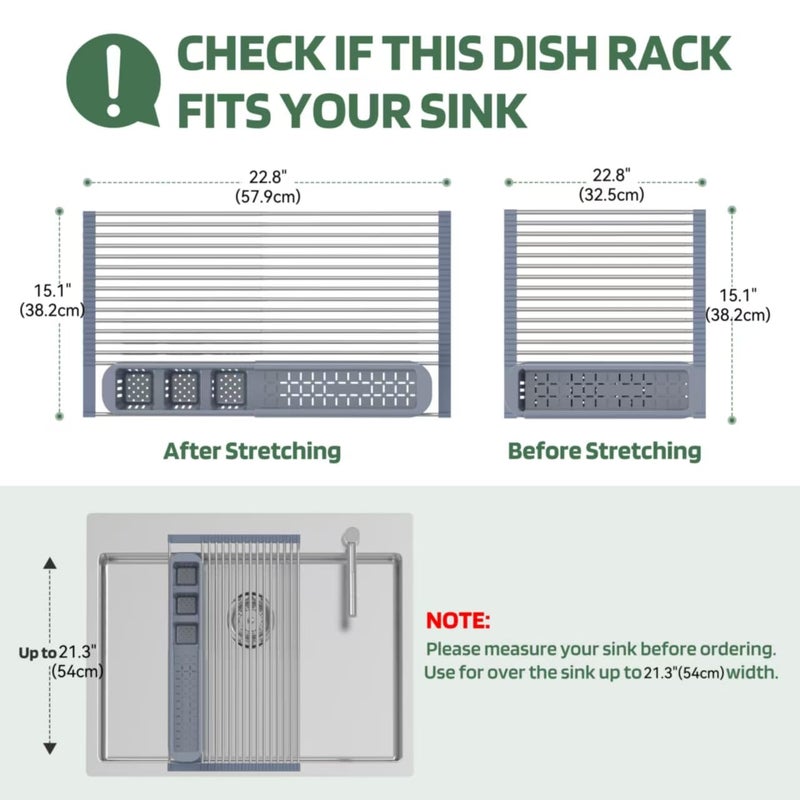 BBXTYLY Expandable Roll Up Dish Drying Rack,Over The Sink Drying Rack Sink Kitchen Accessories Rolling up Stainless Steel Drainer, Foldable with Removable Utensil Holder(Gray) - Image 2