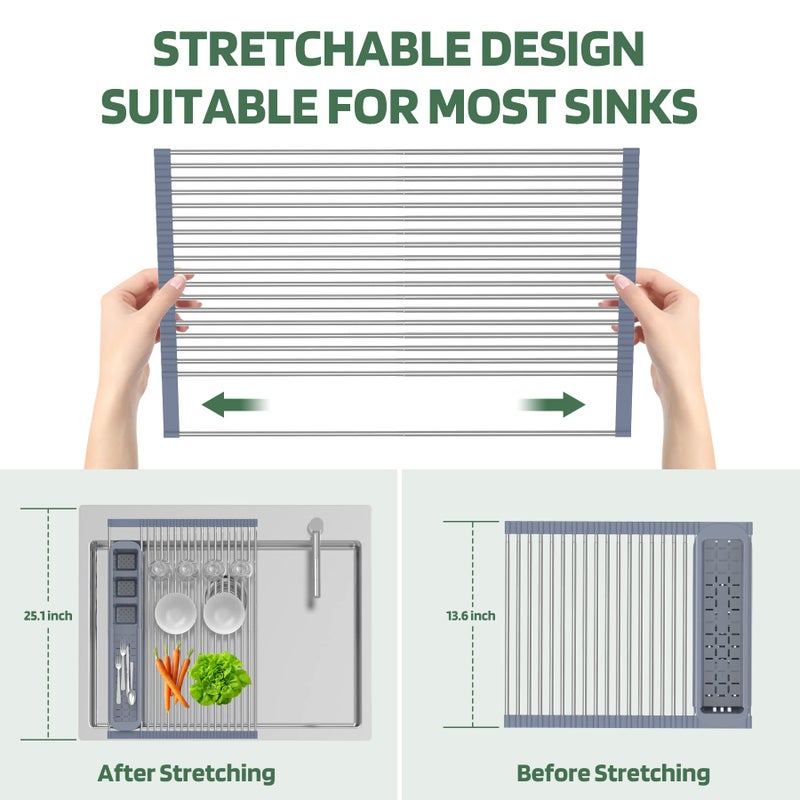 BBXTYLY Expandable Roll Up Dish Drying Rack,Over The Sink Drying Rack Sink Kitchen Accessories Rolling up Stainless Steel Drainer, Foldable with Removable Utensil Holder(Gray) - Image 5