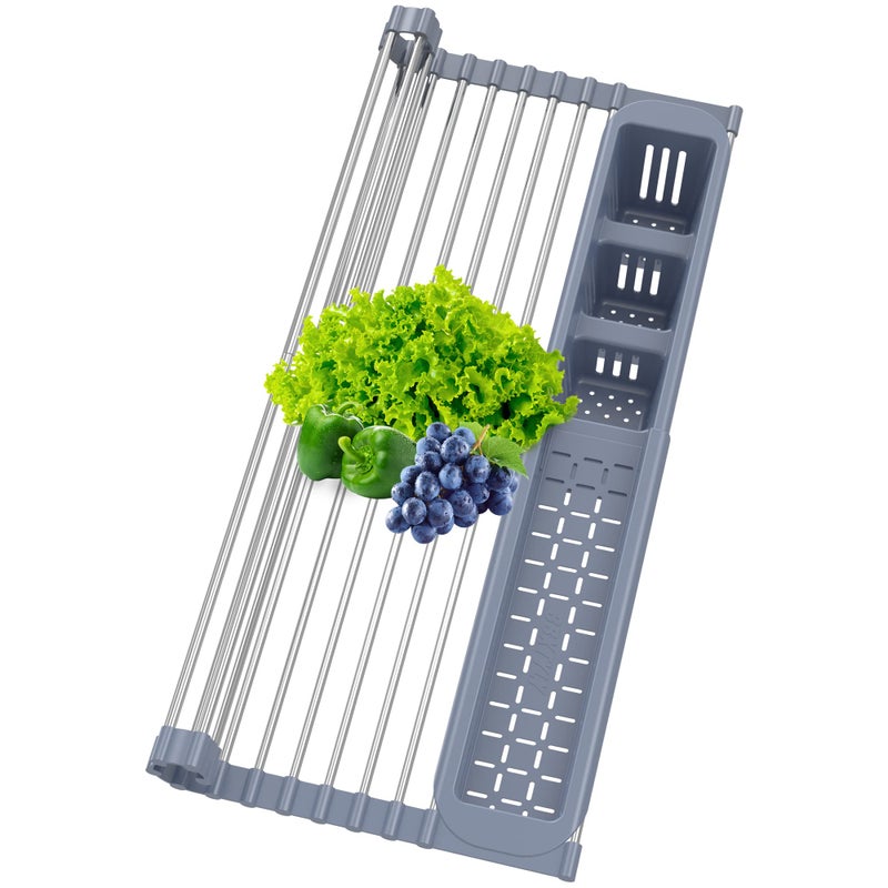 BBXTYLY Expandable Roll Up Dish Drying Rack,Over The Sink Drying Rack Sink Kitchen Accessories Rolling up Stainless Steel Drainer, Foldable with Removable Utensil Holder(Gray) - Image 1