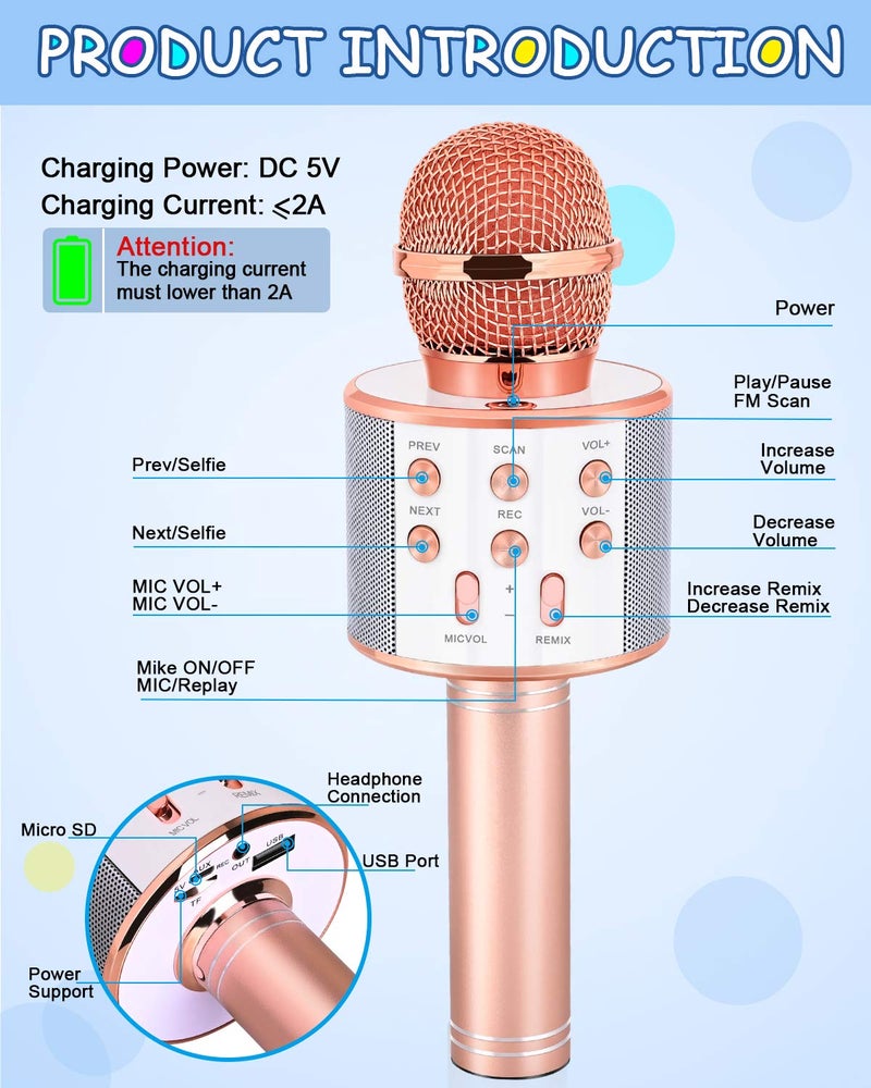 Dodosky Toys for Girls Age 5-12, Wireless Bluetooth Karaoke Microphone for Kids Popular Toys for 5 6 7 8 9 10 11 12 Year Olds Girls Boys Best Gifts for 5-12 Year Olds Girl Boy Teen - Champagne - Image 3
