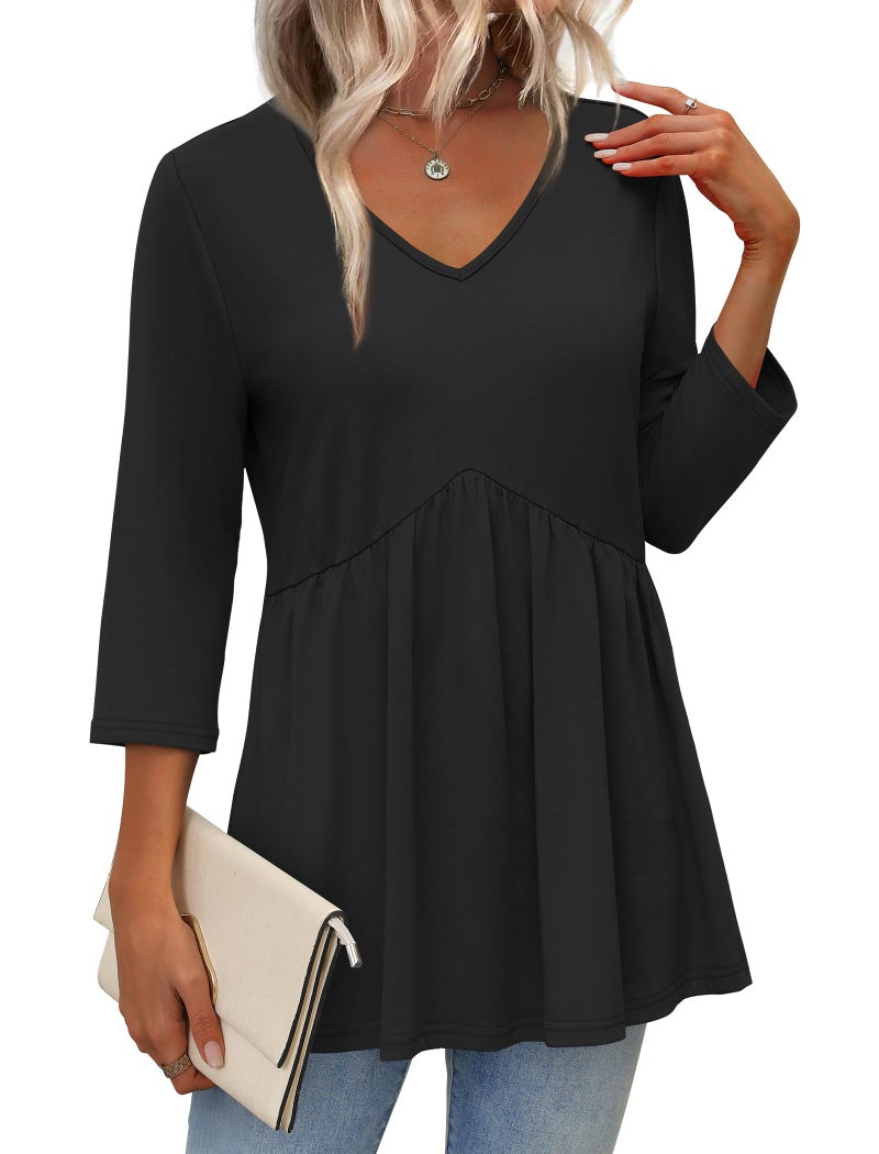 OFEEFAN 3/4 Sleeve T Shirts for Women Plus Size Women Blouses Womens Tops Summer Tops Fall Fashion Must Have Business Casual Outfits V Neck Babydoll Maternity Shirts Black 2XL - Image 2