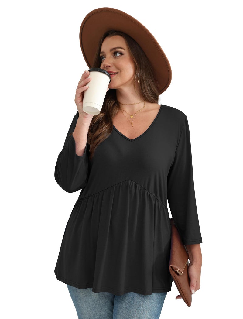 OFEEFAN 3/4 Sleeve T Shirts for Women Plus Size Women Blouses Womens Tops Summer Tops Fall Fashion Must Have Business Casual Outfits V Neck Babydoll Maternity Shirts Black 2XL - Image 4