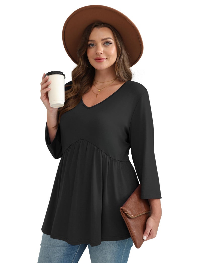 OFEEFAN 3/4 Sleeve T Shirts for Women Plus Size Women Blouses Womens Tops Summer Tops Fall Fashion Must Have Business Casual Outfits V Neck Babydoll Maternity Shirts Black 2XL - Image 3