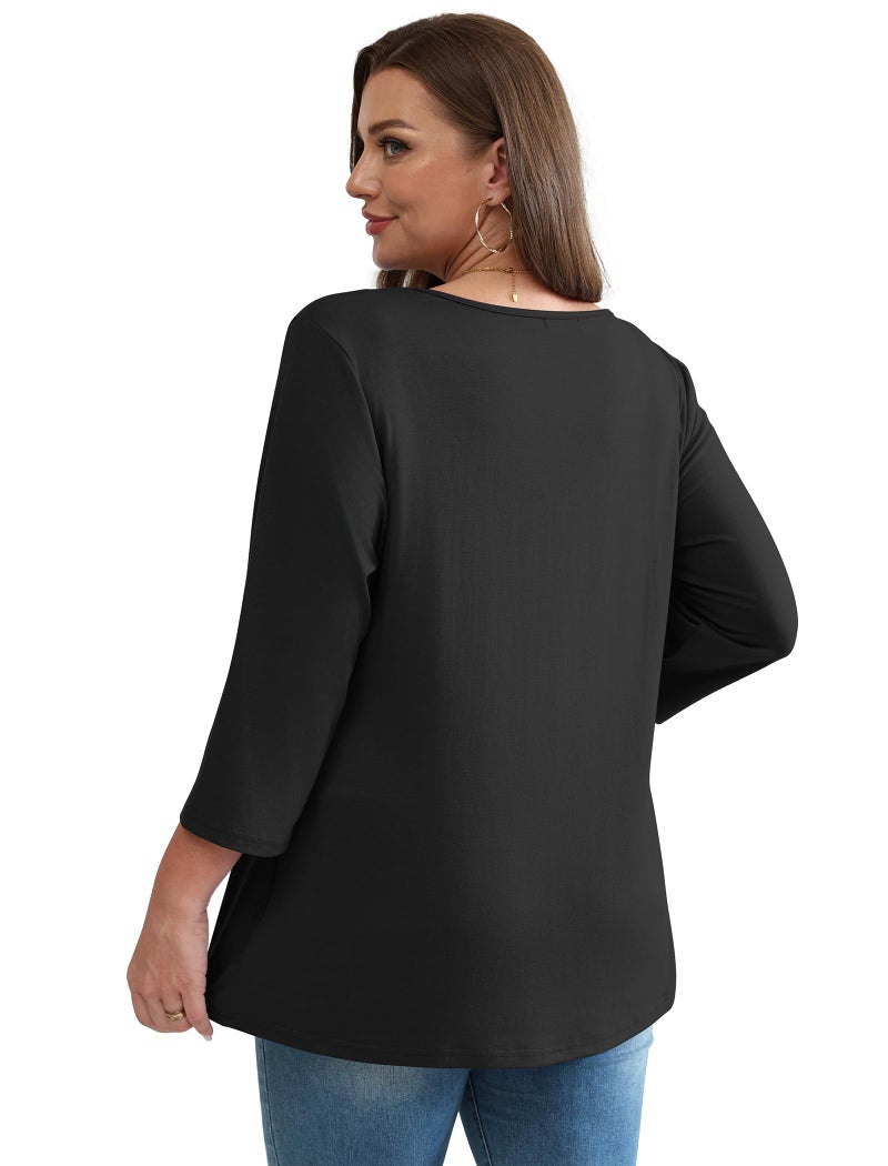 OFEEFAN 3/4 Sleeve T Shirts for Women Plus Size Women Blouses Womens Tops Summer Tops Fall Fashion Must Have Business Casual Outfits V Neck Babydoll Maternity Shirts Black 2XL - Image 5
