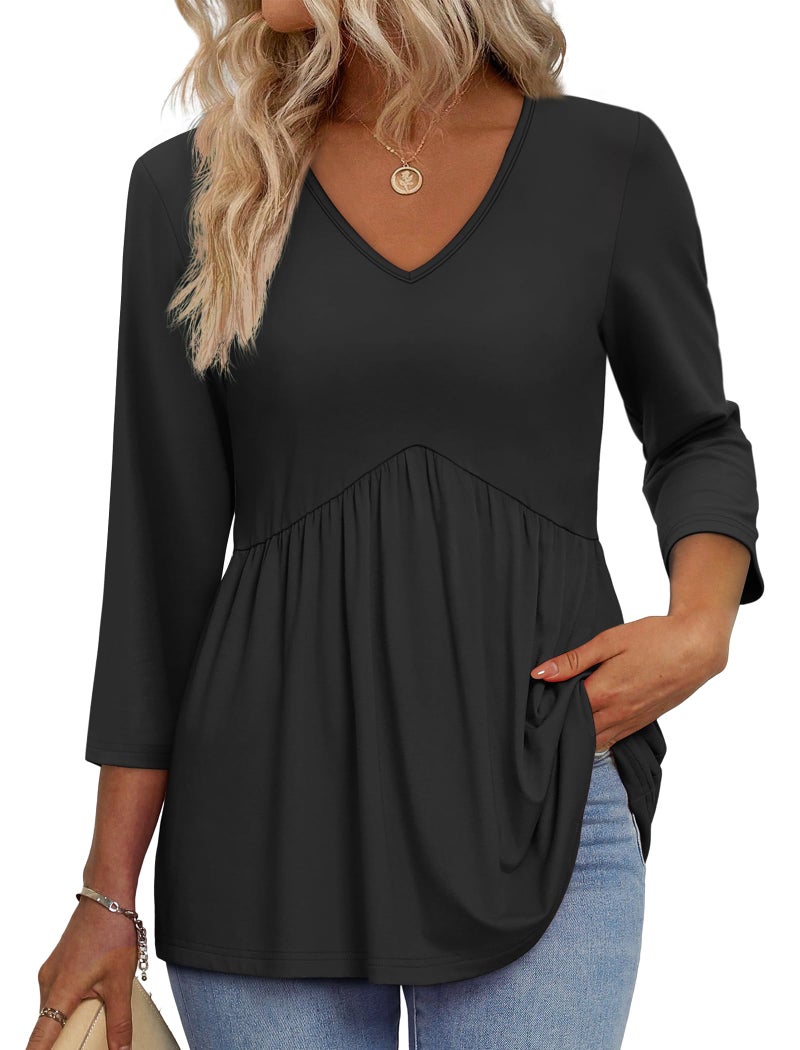OFEEFAN 3/4 Sleeve T Shirts for Women Plus Size Women Blouses Womens Tops Summer Tops Fall Fashion Must Have Business Casual Outfits V Neck Babydoll Maternity Shirts Black 2XL - Image 1