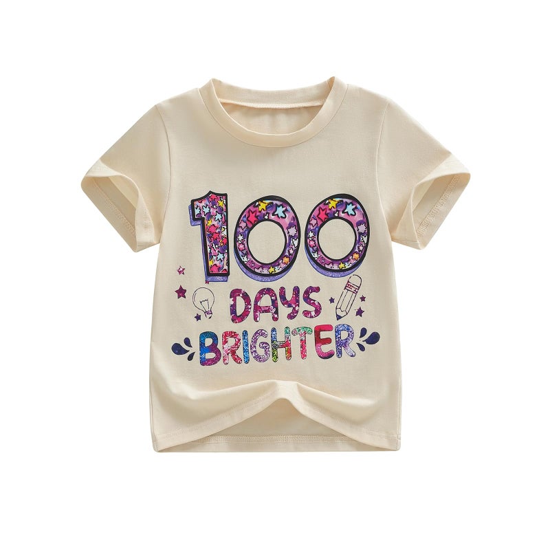 Douhoow Girls 100 Days of School Shirt Short Sleeve Toddler Girl Tops 100th Day of School Shirt Kids (Beige B, 8-9 Years) - Image 1