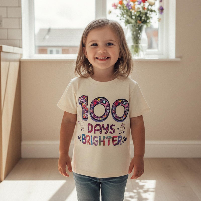 Douhoow Girls 100 Days of School Shirt Short Sleeve Toddler Girl Tops 100th Day of School Shirt Kids (Beige B, 8-9 Years) - Image 3