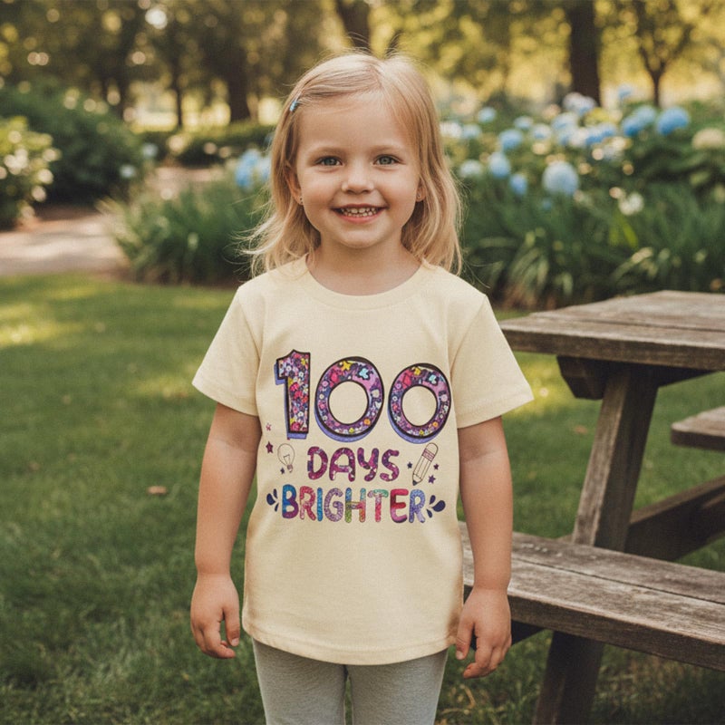 Douhoow Girls 100 Days of School Shirt Short Sleeve Toddler Girl Tops 100th Day of School Shirt Kids (Beige B, 8-9 Years) - Image 2