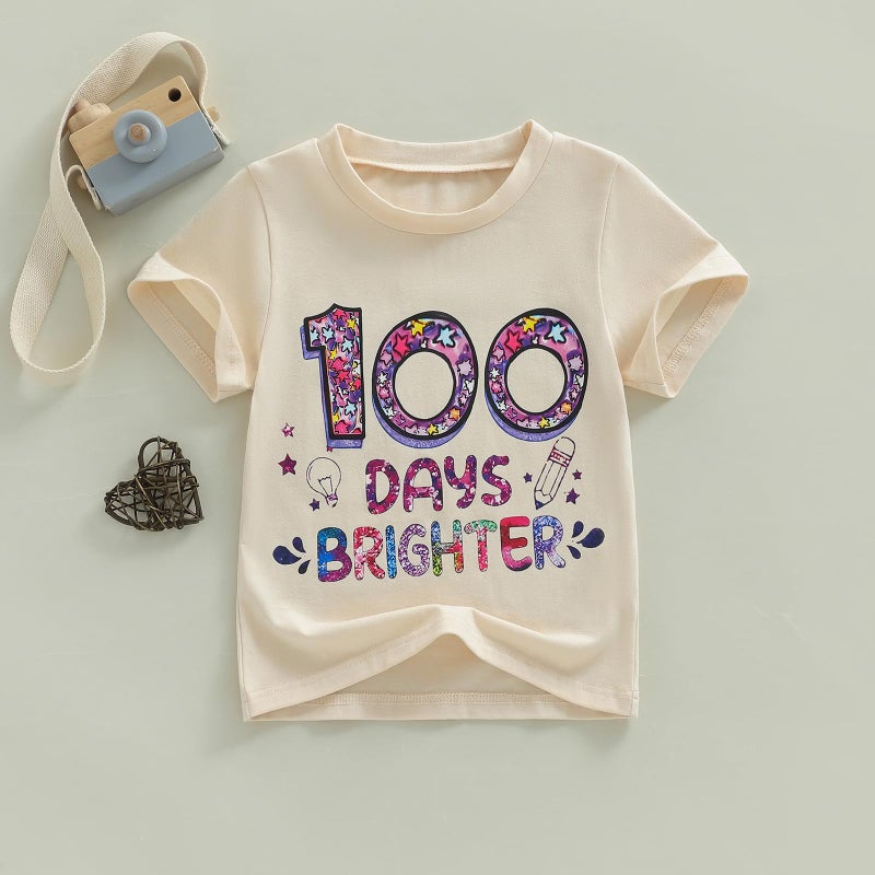 Douhoow Girls 100 Days of School Shirt Short Sleeve Toddler Girl Tops 100th Day of School Shirt Kids (Beige B, 8-9 Years) - Image 4