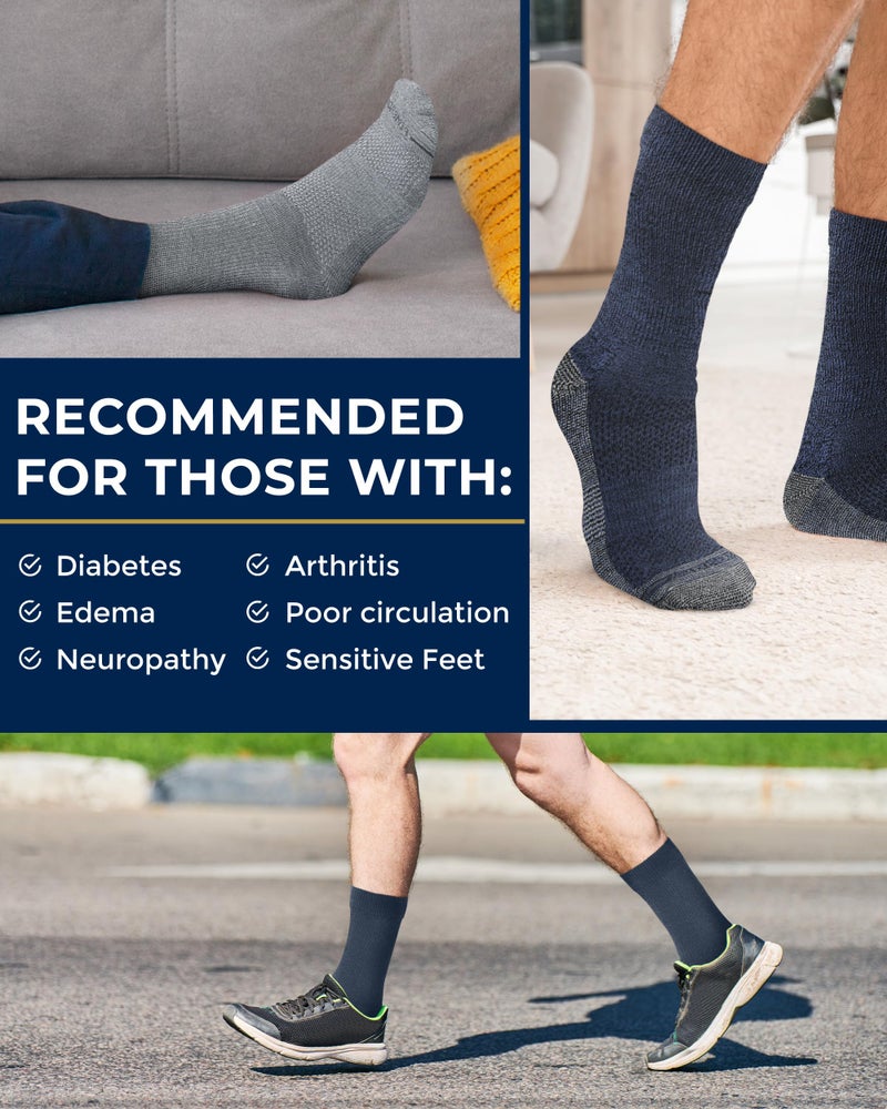 Pembrook Diabetic Socks for Men - 6 Pairs Crew Men's Diabetic Socks for Neuropathy, Black, Non Binding, White, Gray, Dark Gray, Navy, Blue - Image 4