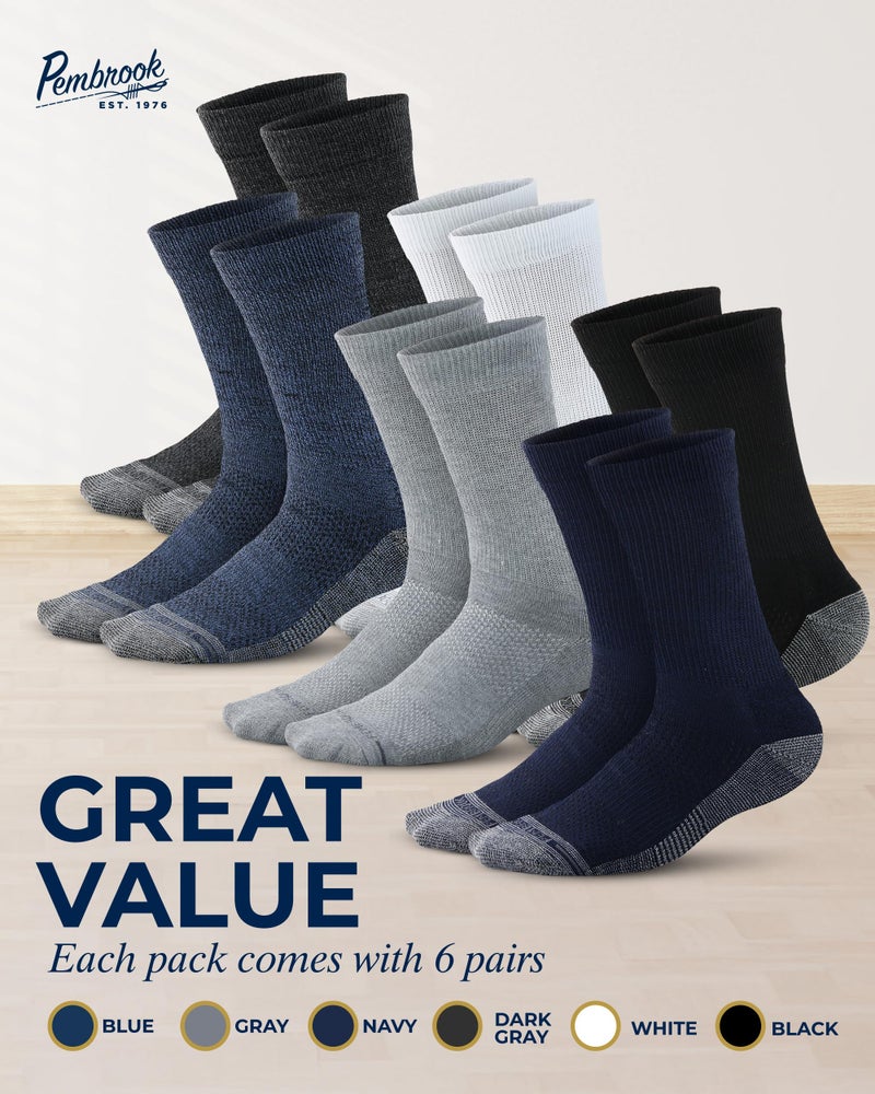 Pembrook Diabetic Socks for Men - 6 Pairs Crew Men's Diabetic Socks for Neuropathy, Black, Non Binding, White, Gray, Dark Gray, Navy, Blue - Image 5