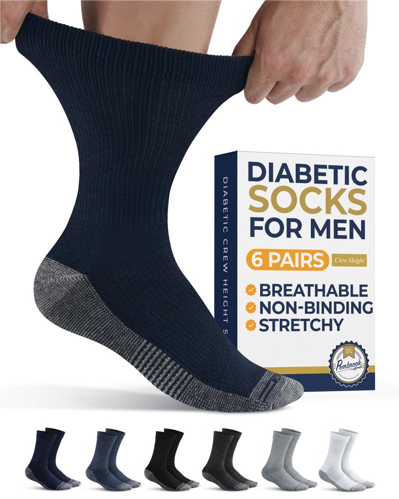 Pembrook Diabetic Socks for Men - 6 Pairs Crew Men's Diabetic Socks for Neuropathy, Black, Non Binding, White, Gray, Dark Gray, Navy, Blue - Image 1