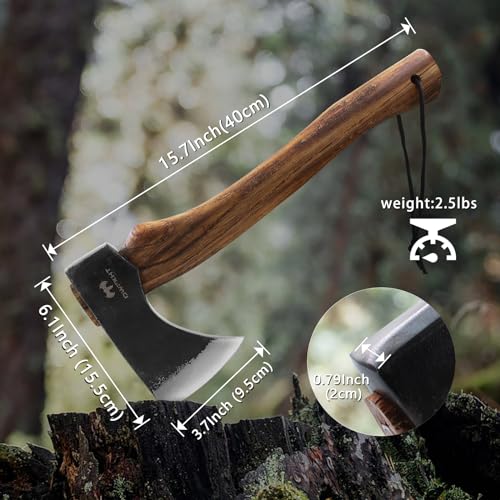 DWFKHT 15.7" Hatchet Axe, Camping Hatchet, Hand-Forged Axe with Sheath for Wood Chopping, Splitting, and Carving, Bushcraft Axe with Beech Handle for Outdoor Survival and Garden Work - Image 3