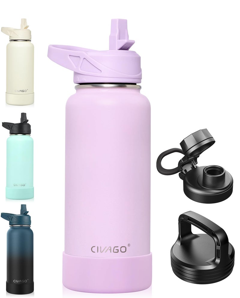 CIVAGO 32 oz Insulated Water Bottle With Straw Stainless Steel Sports Water Cup Flask with 3 Lids Straw Spout and Handle Lid Wide Mouth Travel Thermal Mug Lavender