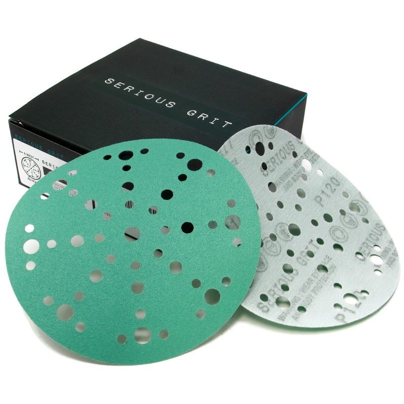 Serious Grit - 6-Inch 49-Hole 120 Grit Sanding Discs - Heavy-Duty Hook & Loop Film Discs - Sandpaper for Random Orbital Sanders - 50 Pack Box - Image 1