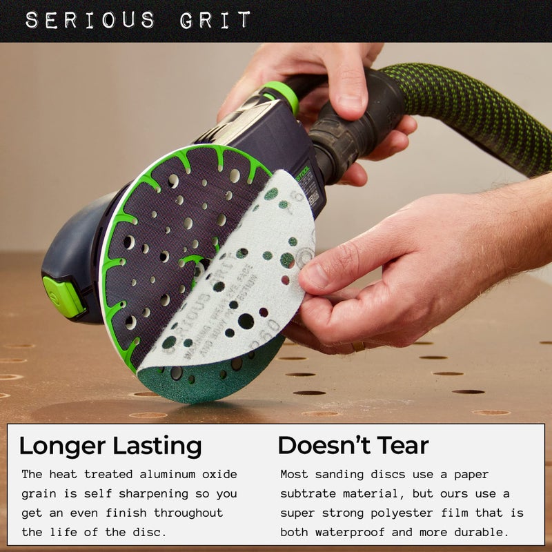 Serious Grit - 6-Inch 49-Hole 120 Grit Sanding Discs - Heavy-Duty Hook & Loop Film Discs - Sandpaper for Random Orbital Sanders - 50 Pack Box - Image 4