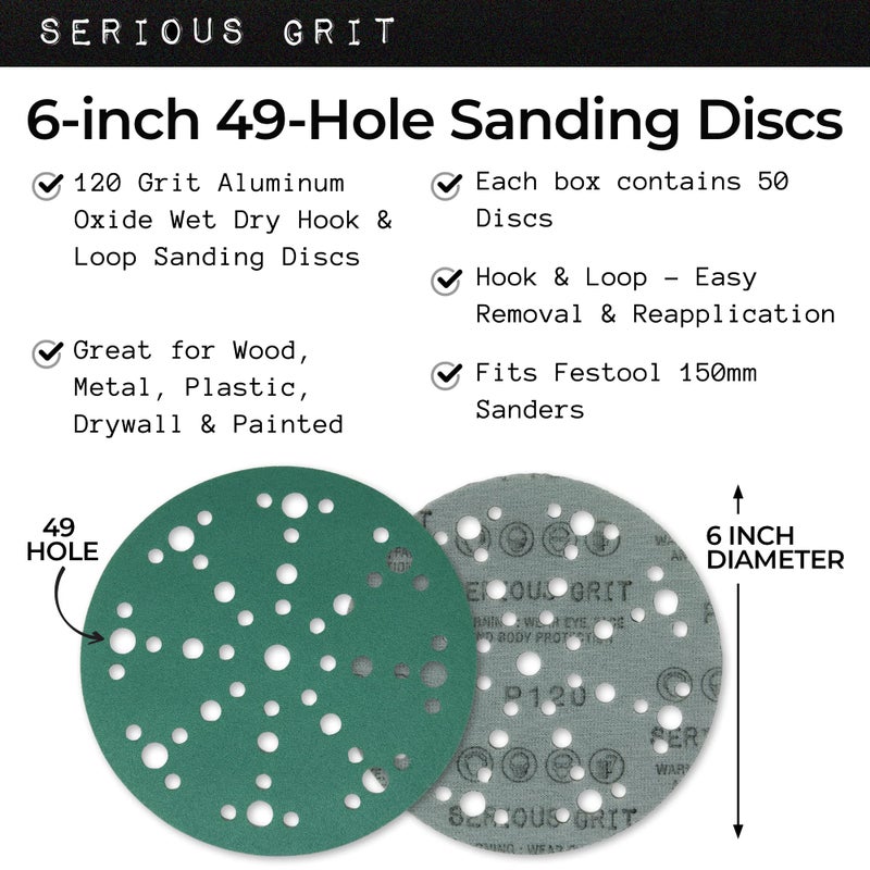Serious Grit - 6-Inch 49-Hole 120 Grit Sanding Discs - Heavy-Duty Hook & Loop Film Discs - Sandpaper for Random Orbital Sanders - 50 Pack Box - Image 3