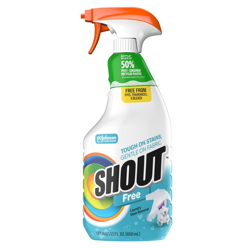 Shout Free Laundry Stain Remover Spray, Active Enzyme Formula is Fragrance, Bleach, and Dye Free, Removes Everyday Stains including Baby Stains - 22oz Spray - Image 1