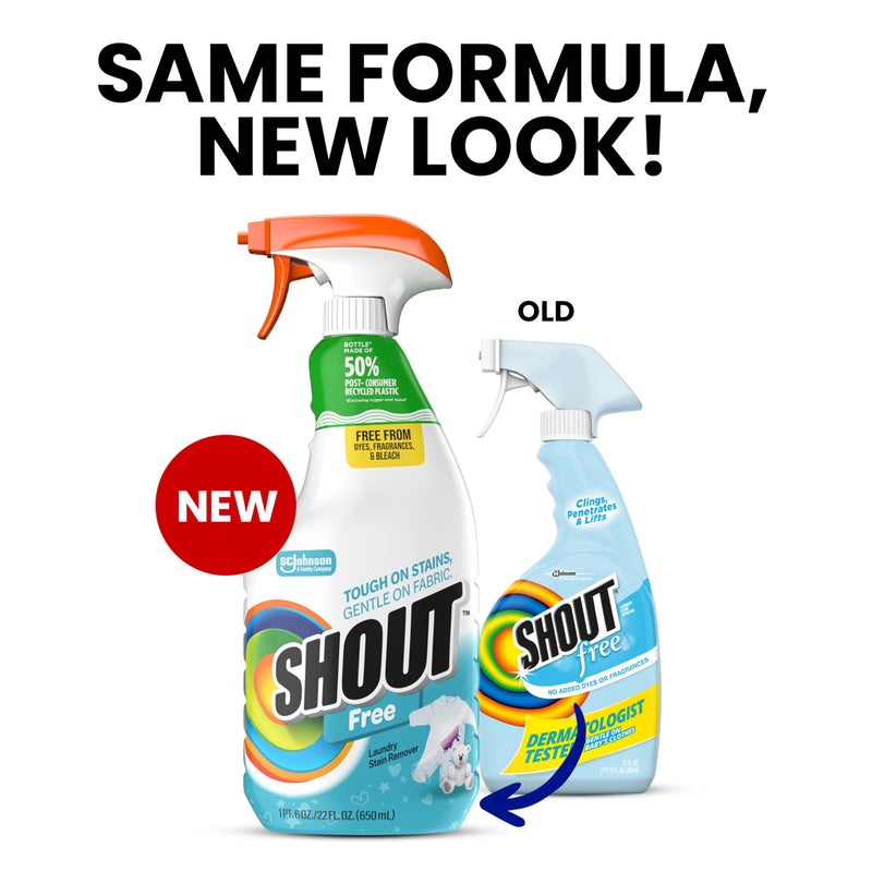 Shout Free Laundry Stain Remover Spray, Active Enzyme Formula is Fragrance, Bleach, and Dye Free, Removes Everyday Stains including Baby Stains - 22oz Spray - Image 2
