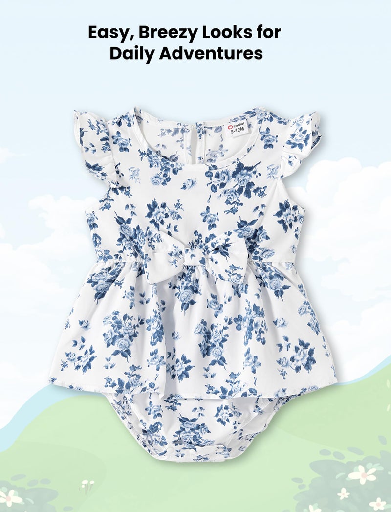 PATPAT Family Matching Outfits Mommy and Me Dresses Matching Set Casual Boho Dusty Floral Print Ruffle Sleeve Blue Floral Romper Dress for Newborn Baby Girl 12-18 Months - Image 3