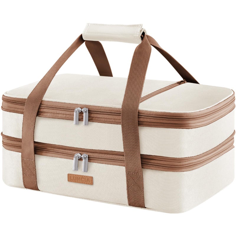 LUNCIA Double Decker Insulated Casserole Carrier for Hot or Cold Food, Lasagna Lugger Tote for Potluck Parties/Picnic/Cookouts, Fits 9"×13" Baking Dish, Cream - Image 1