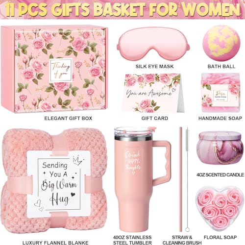 Qinline Birthday Gifts for Women Self Care Get Well Soon Gifts, Rose Relaxing Spa Gifts Box Care Package Basket w/ Luxury Flannel Blanket 40 oz Tumbler, Christmas Gifts Set for Mom Her Wife Girlfriend Sister - Image 2