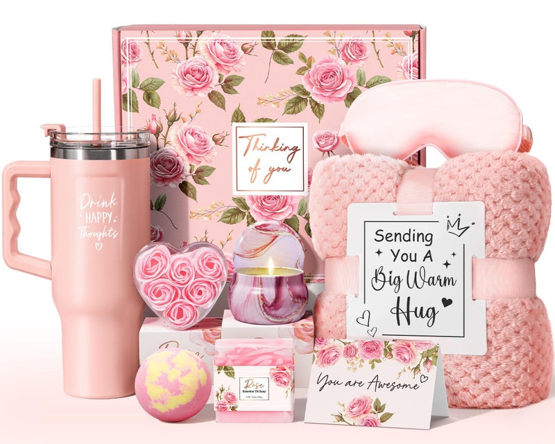 Qinline Birthday Gifts for Women Self Care Get Well Soon Gifts, Rose Relaxing Spa Gifts Box Care Package Basket w/ Luxury Flannel Blanket 40 oz Tumbler, Christmas Gifts Set for Mom Her Wife Girlfriend Sister - Image 1