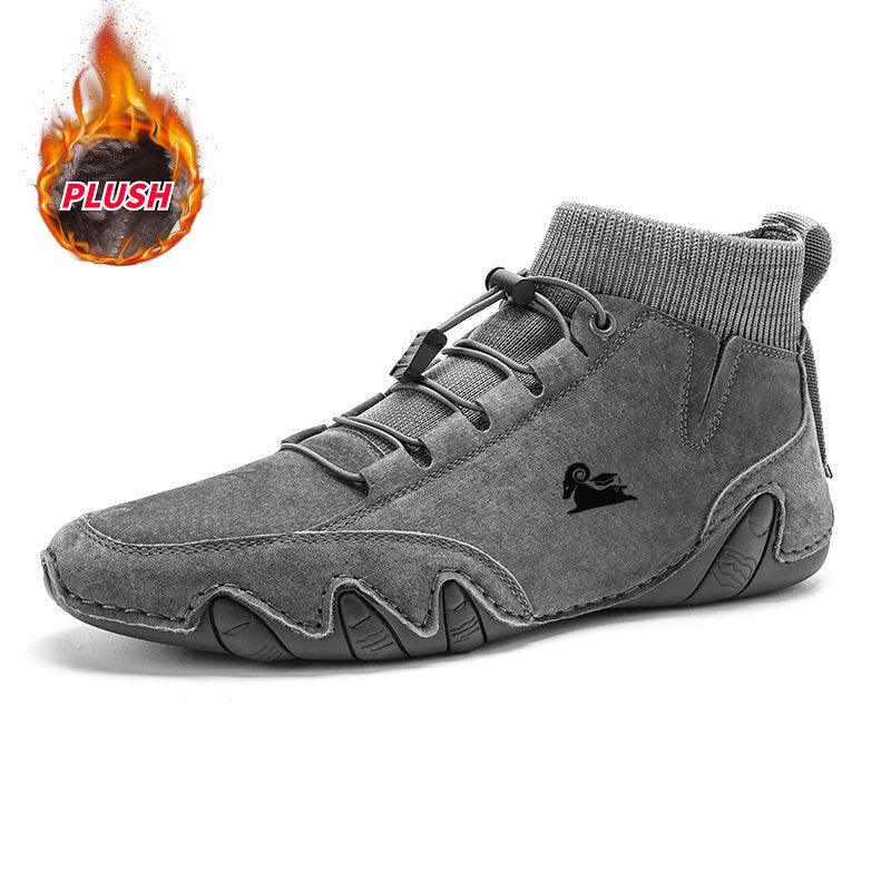 Popular Socks, High-Top Leather Boots With Velvet Handmade Cotton Shoes, Genuine Leather Martin Boots For Men - Image 1