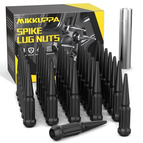MIKKUPPA M14x1.5 Wheel Spike Black Lug Nuts, 32pcs Black Spike Lug Nuts 14mmx1.5 Solid 4.4" Tall Acorn Lug Nut with 1 Socket Key Replacement for Chevy Silverado 1500 2500 3500, F-150 F-250 F-350 - Image 1
