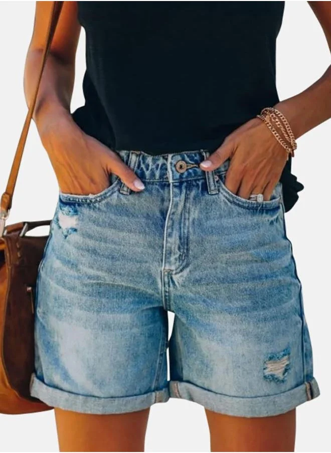 يونيكي Blue Solid Denim Shorts