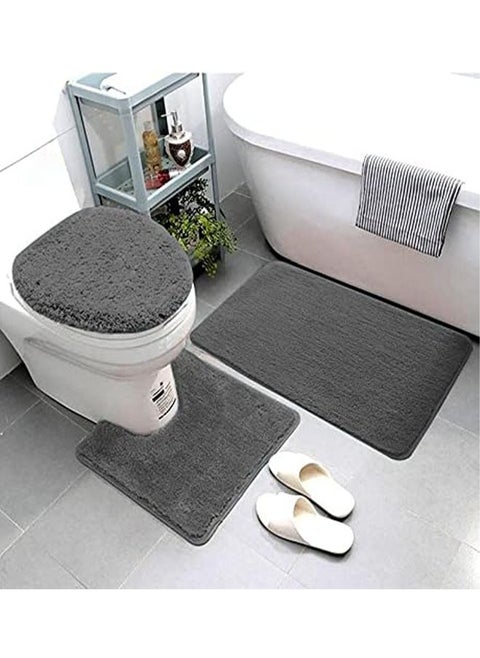 3 Piece Super Soft and Fluffy Microfiber Absorbent Solid Bathroom Rug Set with Rubber Backing Includes Non-Slip Bath Rug, Contour Mat, and Toilet Lid Cover (Grey)