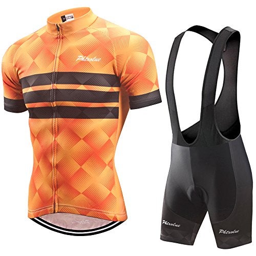 PHTXOLUE Men's Cycling Jersey Set Bicycle Short Sleeve Set Quick-Dry Breathable Shirt+3D Gel Pad Cushion Bib Shorts (Asia M=US Small, Orange + Black) - Image 1
