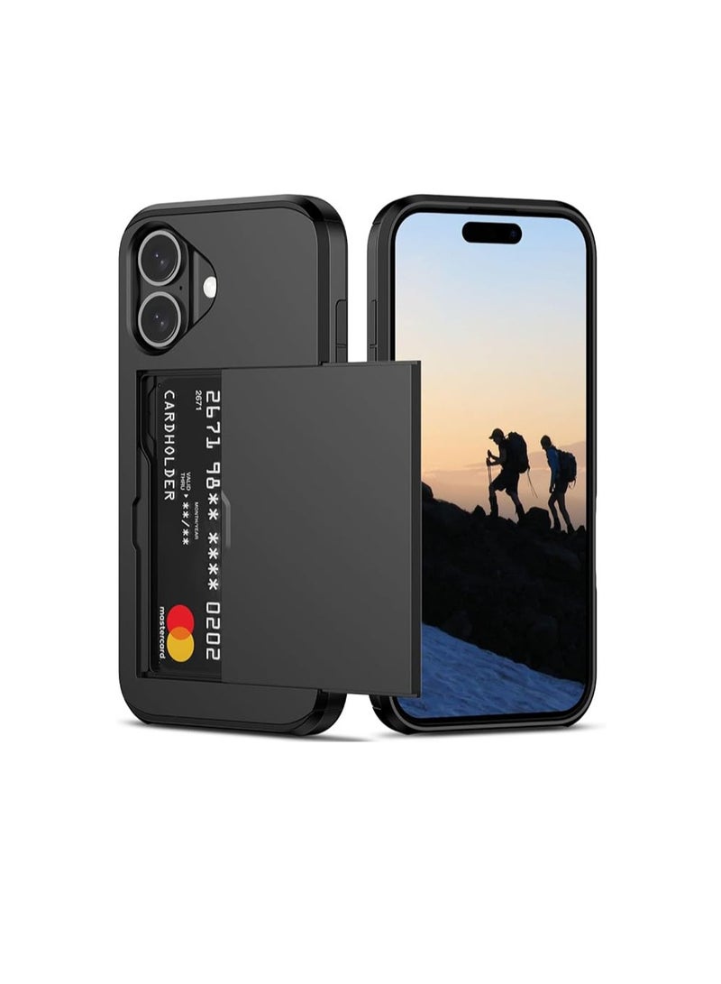 WRISTWISE جراب iPhone 16 مع حامل بطاقة حماية شديدة التحمل بطبقة مزدوجة مقاومة للصدمات وفتحة بطاقة مخفية جراب محفظة رفيع للغاية للهاتف (أسود) - Image 1