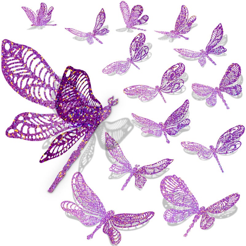 DELEMI 60 PCS 3D ثلاثية الأبعاد مقصورة اليعسوب ديكور ملصقات ديكور الجدار الملصقات اللمعان القابلة للإزالة ملصقات فضية 3 أحجام فن الجدار المجسم لعيد ميلاد زهرة الطفل دش الحزب ديكورات الغرفة (الأرجواني) - Image 1