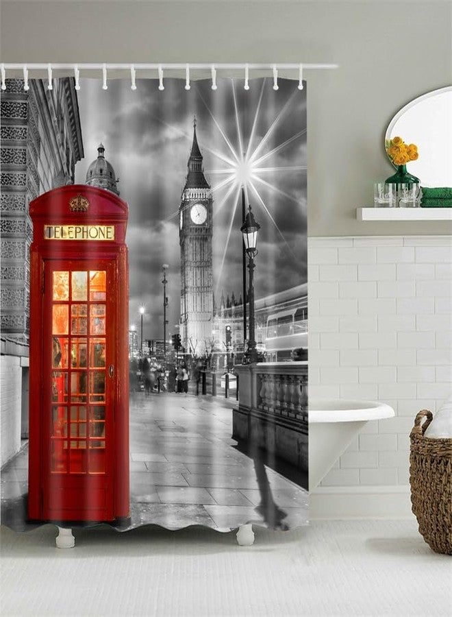 Generic London Red Telephone Booth Shower Curtain, British Famous Landmark Big Ben Vintage Building Retro Phone Booth Old Street Night City Scenery Print Bathroom Curtain, Red/Black/White, E0706 - Image 1