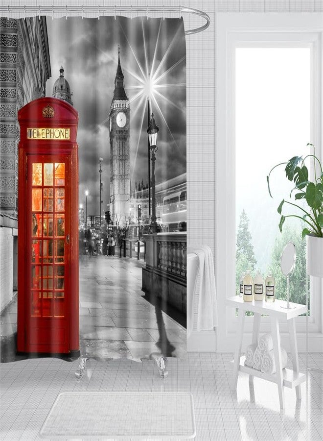 Generic London Red Telephone Booth Shower Curtain, British Famous Landmark Big Ben Vintage Building Retro Phone Booth Old Street Night City Scenery Print Bathroom Curtain, Red/Black/White, E0706 - Image 3