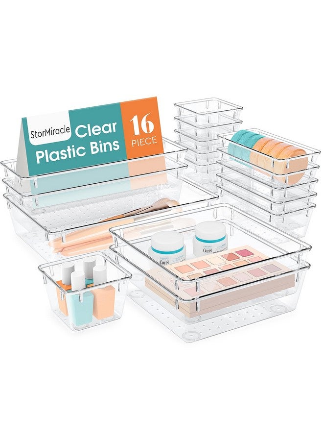 StorMiracle 16 PCS Drawer Organizer Set, 5 Varied Size Bathroom and kitchen Drawer cabinet organizer Trays, Clear Storage Bins for Makeup, Jewelry, Utensils and Gadgets - Image 1