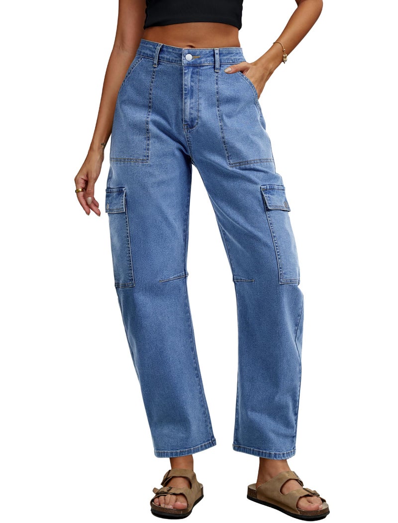 Eddoyee Barrel Jeans Women Cargo Ankle Pants Casual Wide Leg Baggy Denim Pants High Waist Trousers Stretchy with 6 Pockets(Blue Jeans, Medium) - Image 1